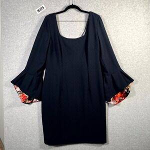 Nicole Miller Sheath Dress Womens 14 Black Floral Lined Front Zip Bell Sleeve